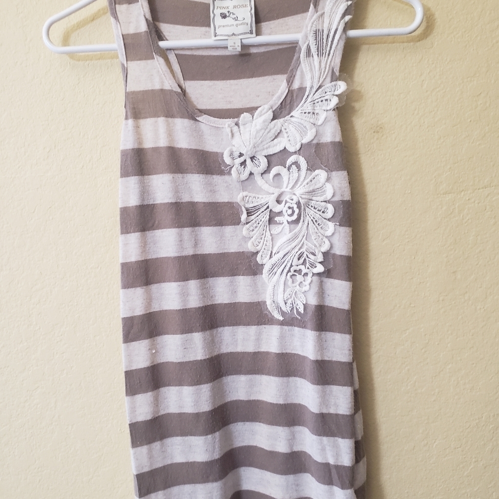 Pink rose striped tank top‎ brown/ cream S